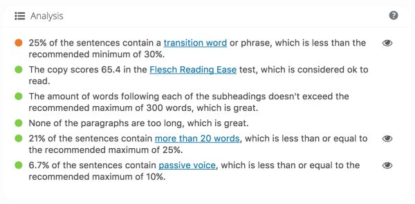 Here is the screenshot of Yoast's Readability analysis from the WordPress post page.
