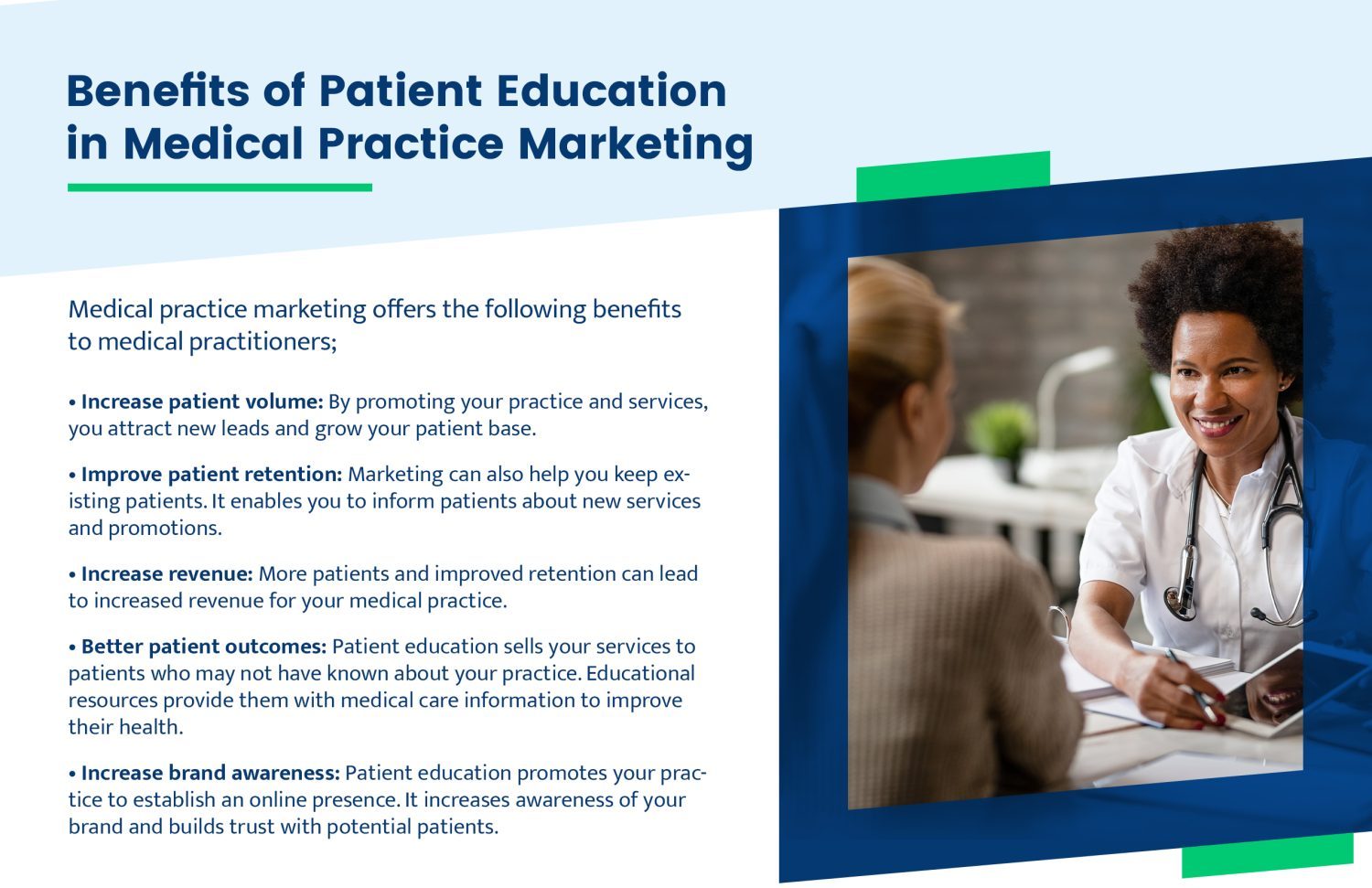 Benefits of Patient Education in Medical Practice Marketing Medical practice marketing offers the following benefits to medical practitioners; • Increase patient volume: By promoting your practice and services, you attract new leads and grow your patient base • Improve patient retention: Marketing can also help you keep existing patients. It enables you to inform patients about new services and promotions. • Increase revenue: More patients and improved retention can lead to increased revenue for your medical practice • Better patient outcomes: Patient education sells your services to patients who may not have known about your practice. Educational resources provide them with medical care information to improve their health. • Increase brand awareness: Patient education promotes your practice to establish an online presence. It increases awareness of your brand and builds trust with potential patients.